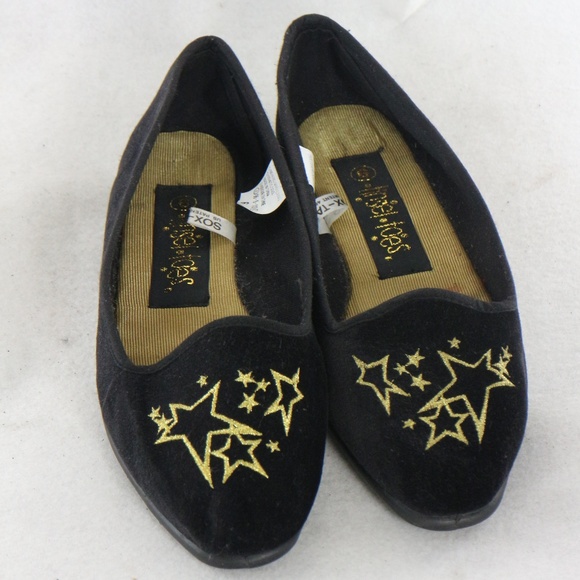 Tinsel Toes Black Velvet Gold Star Loafers Flats - Picture 1 of 8